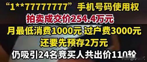 手机尾号77777777拍出254.4万元！这个号码适合我啊，因为我喜欢7这个数