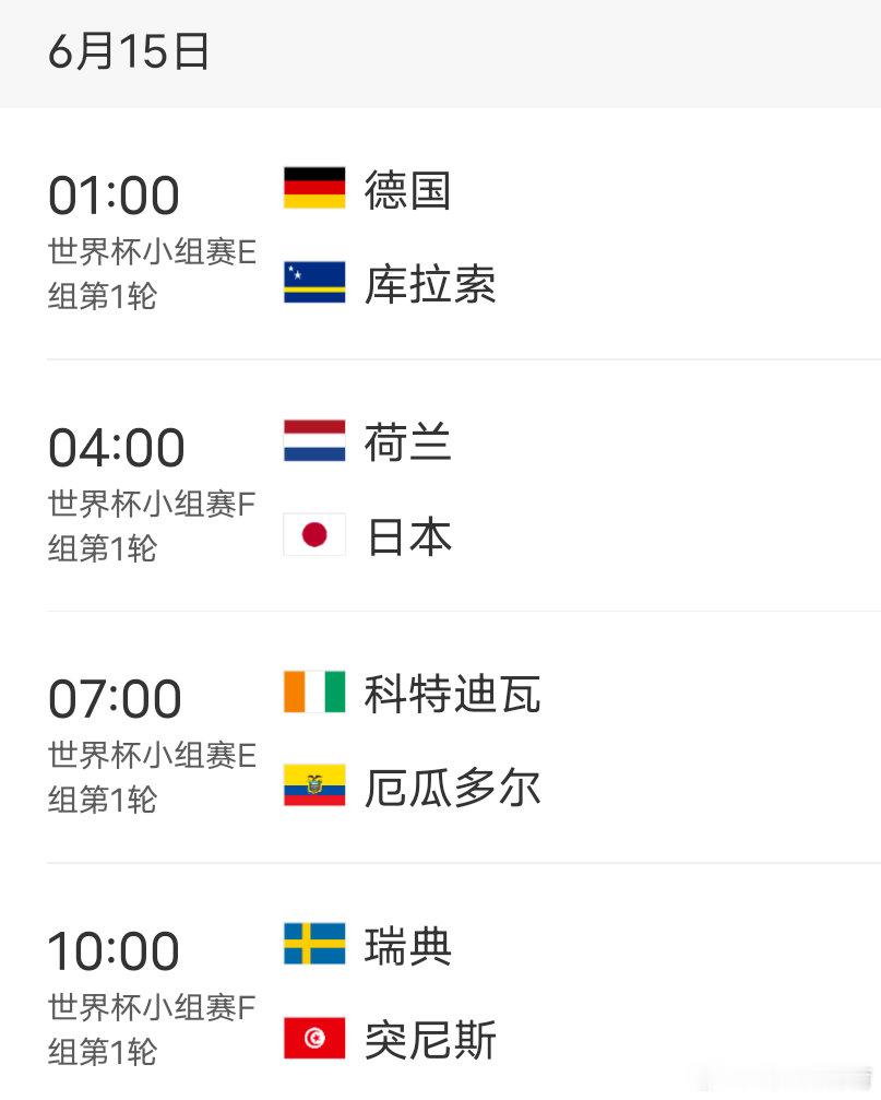 世界杯15日赛程 结果预测德国vs库拉索主胜 6：0   5：0荷兰vs日本胜、