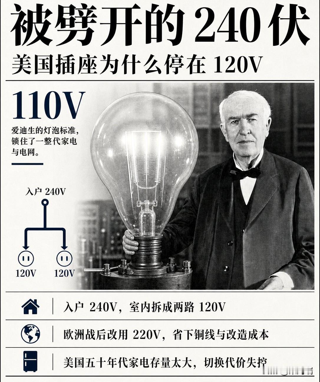 美国人家里其实接入了 240 伏的电压。

但线缆进屋后，硬生生被劈成了两根 1