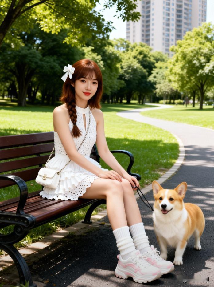 阳光明媚的午后，与可爱的柯基犬在公园长椅上享受美好时光。🌞🐾💕