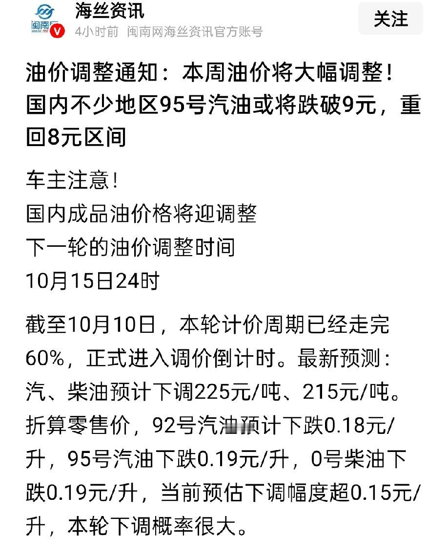 大幅下跌一毛八，小幅上涨四毛五。车主有福了，再忍几天，油价将下调。