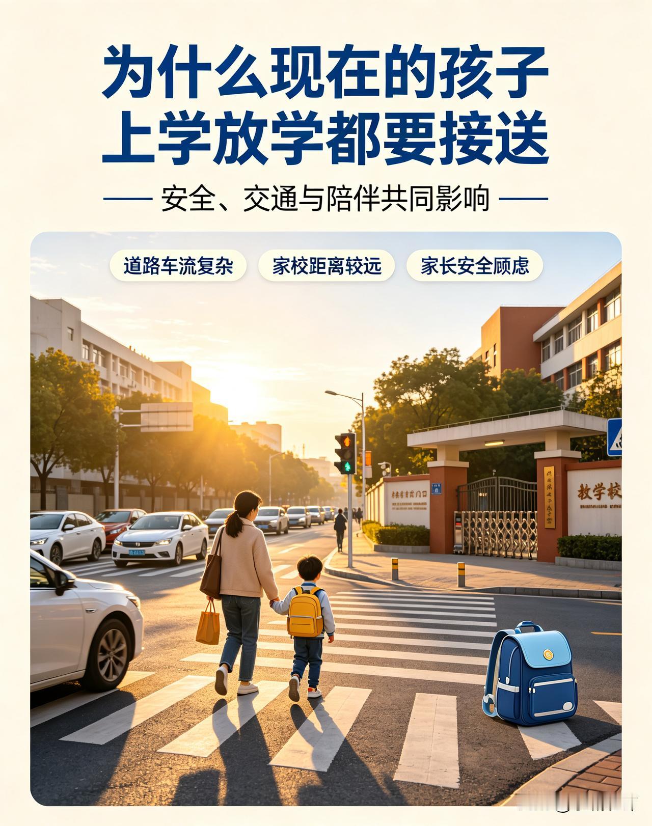 如今大多孩子上下学需要家长接送，是多重现实因素造成的。城市车流大，道路路况复杂，