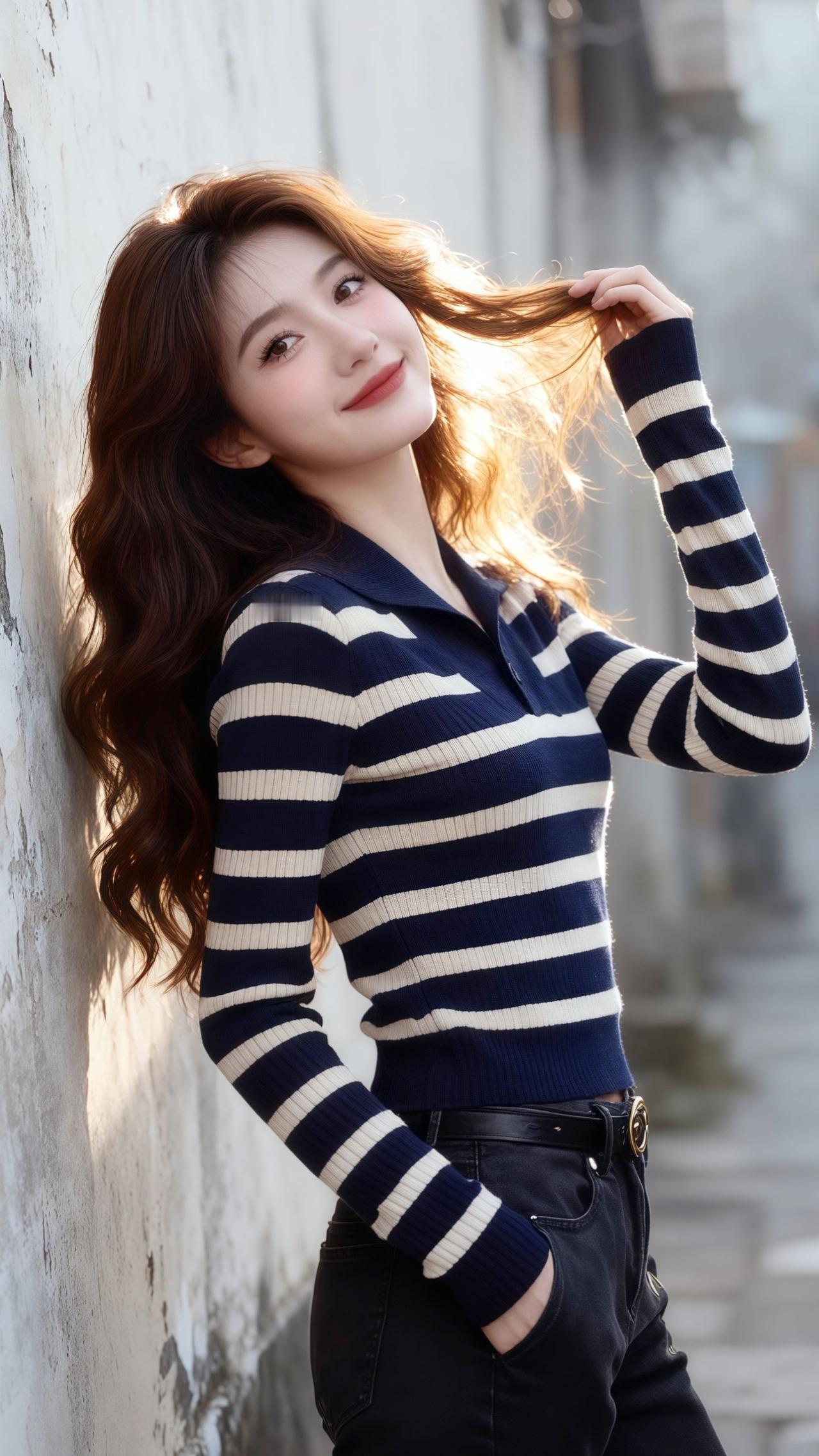 今年秋冬的“显白密码”被这件藏蓝条纹针织衫拿捏了！经典条纹撞色自带高级感，翻领设