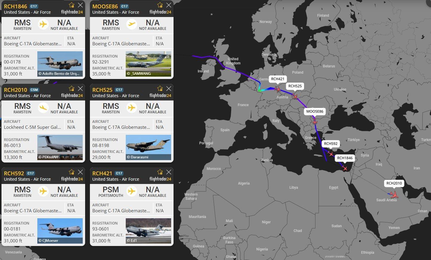 🔻F24和ADSBex数据显示：更多美军运输机正在将可能的部队和装备部署至中东