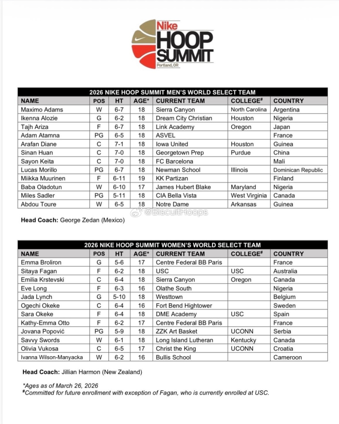 郇斯楠入选耐克篮球峰会世界队名单 