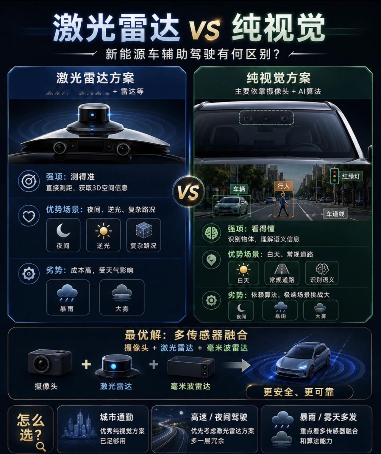 目前市面上常见的新能源车企，智驾基本都以 激光雷达或者纯视觉 这两种方案为主，