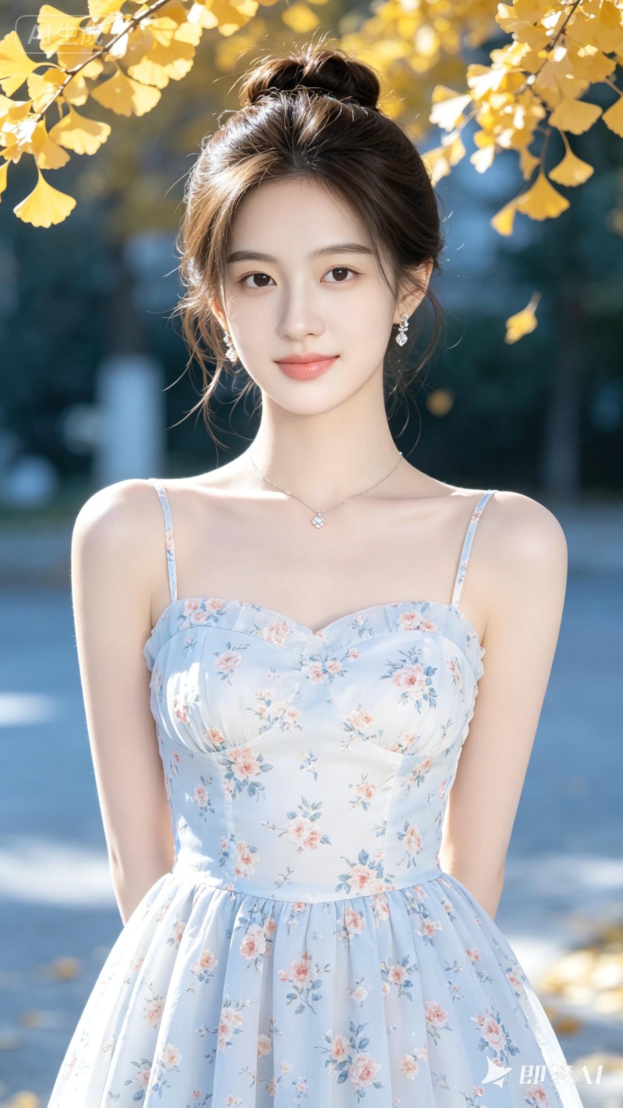 秋日暖阳下的少女，花裙飘逸，笑靥如花。