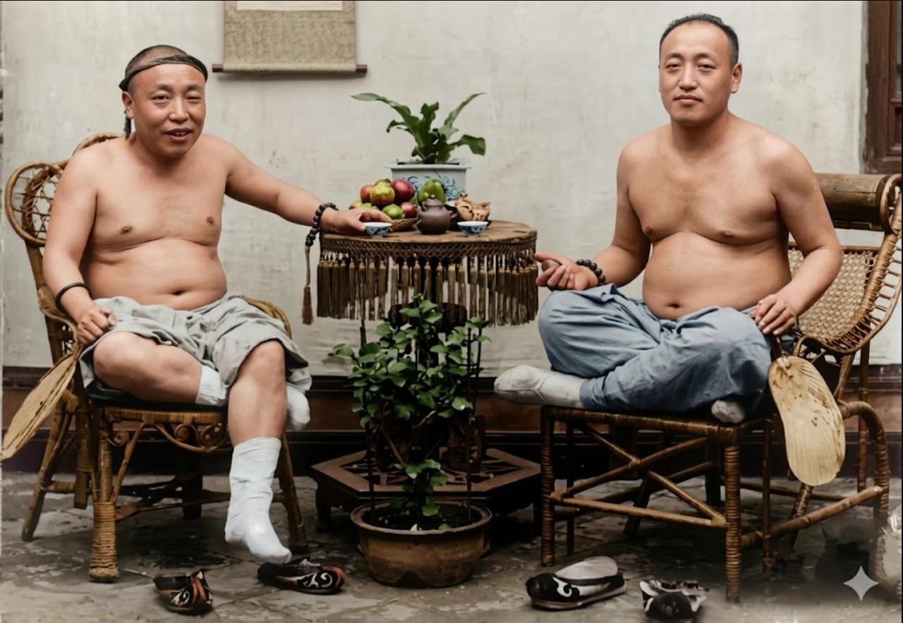 这是清末照相馆拍摄的双人纳凉留影，两名中年男子全部赤裸上身，仅穿宽松薄布短裤，褪