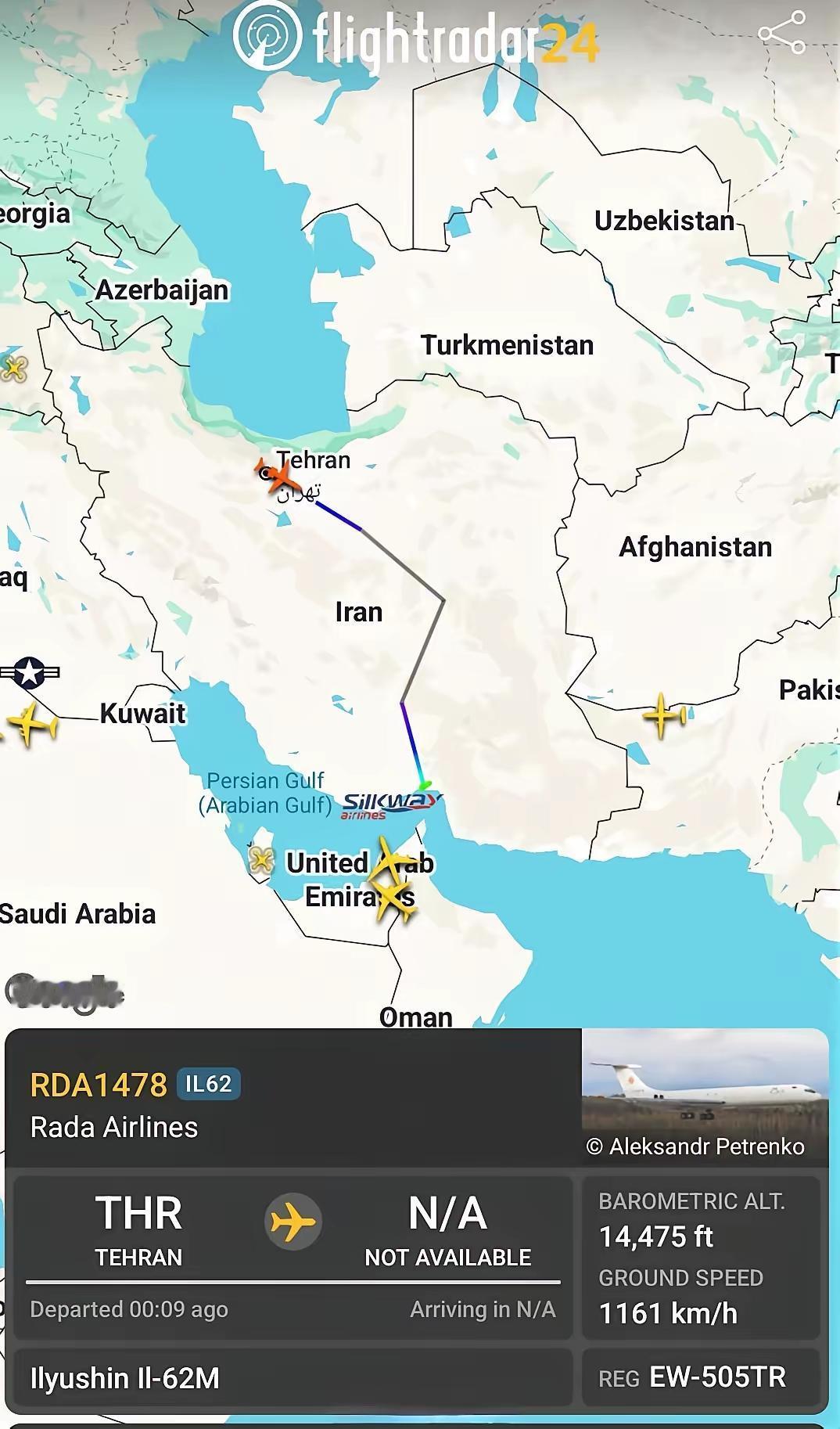 白俄罗斯的伊尔-62M货机昨晚在伊朗首都德黑兰降落，今天早上转移到阿巴斯港。 ​