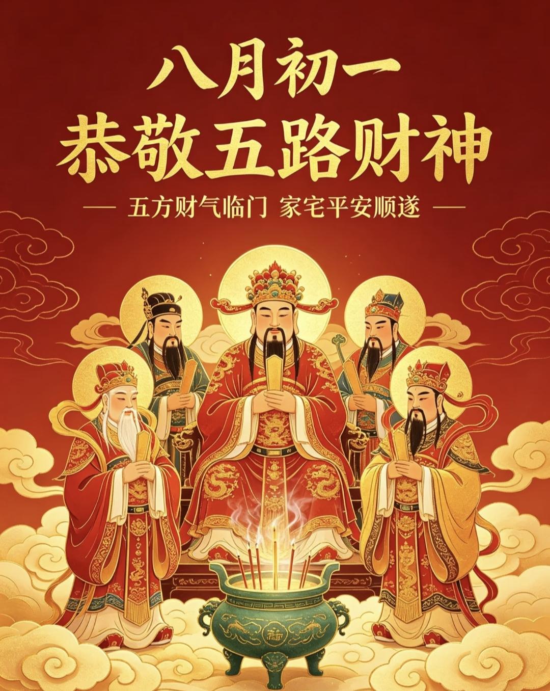 八月初一迎财神，五方福气盈门庭，家安业顺好运至。传统文化 传递正能量 绘画 祝福