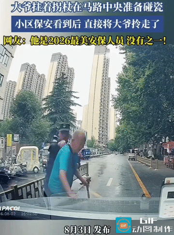 这是2026最美保安，没有之一！一名拄拐老人颤颤巍巍走向马路中央，眼神在往来车流