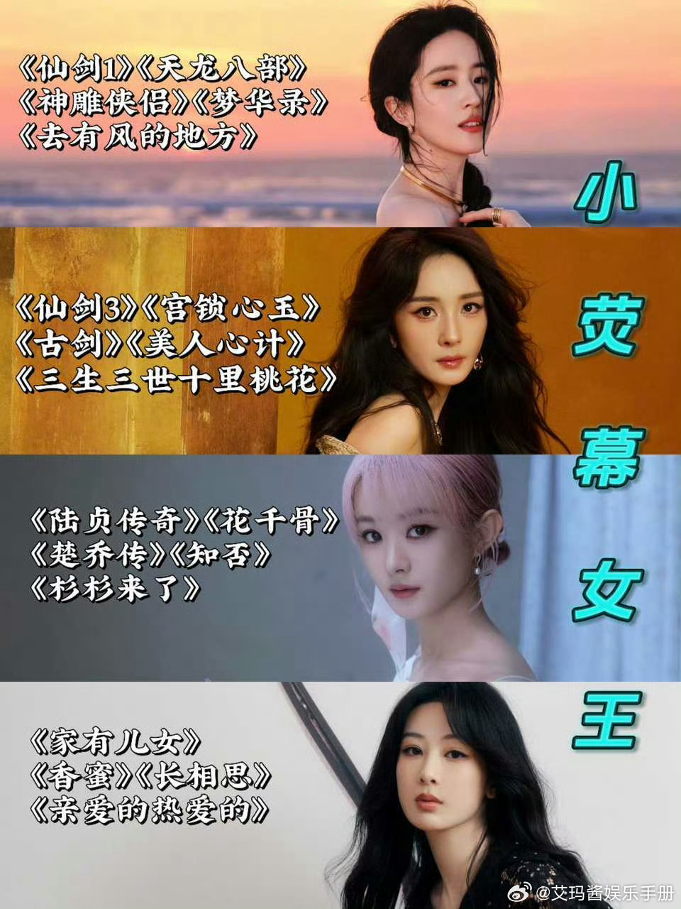 网评四大小荧幕女王，认同吗？刘亦菲，杨幂，赵丽颖，杨紫 ​​​