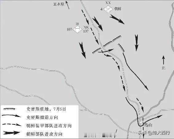 面对北朝鲜军队的铁甲洪流，前线阵地上的美军21团史密斯特遣队中士钱伯斯在一次次电