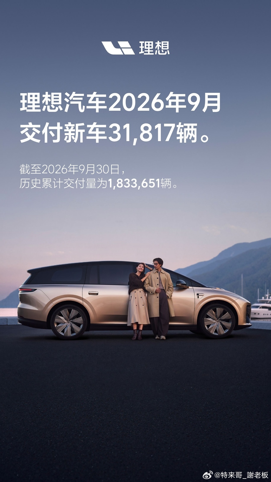 理想汽车9月交付31817辆。新一代L6破万带动增程基本盘，纯电新品持续补齐，马