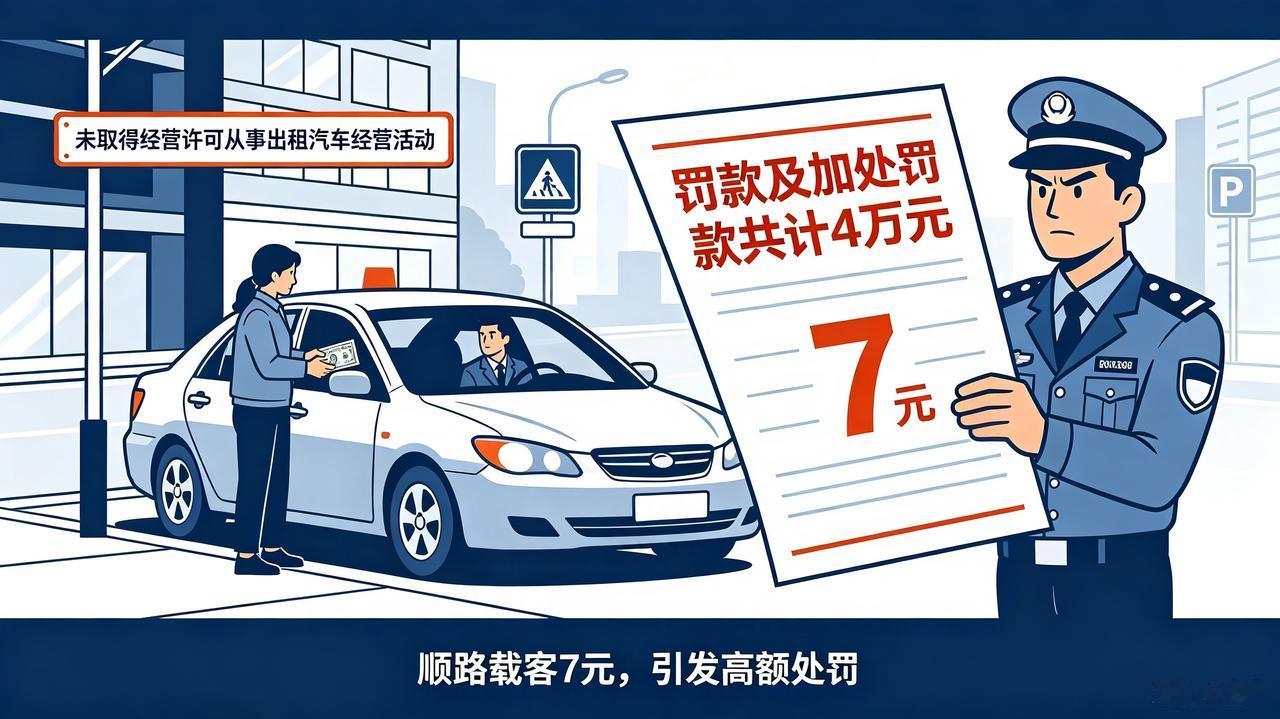 一男子开着私家车，碰上一个路人想搭个顺风车。男子好心答应了，象征性收了7块车费。