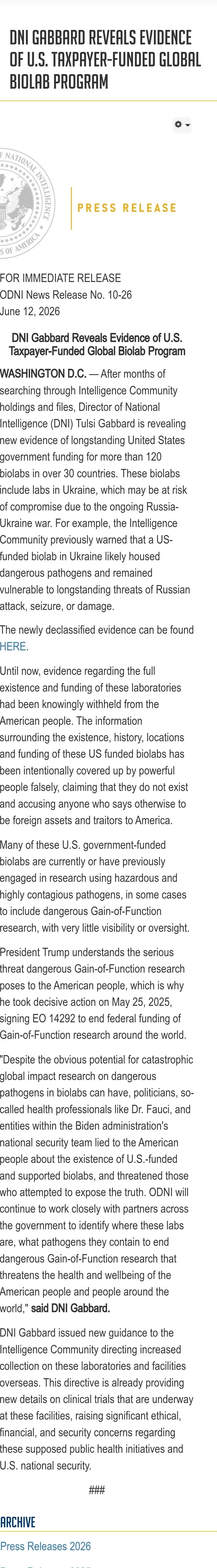 美情报总监公开证据，全球生物实验室网络浮出水面华盛顿消息，美国国家情报总监图尔西