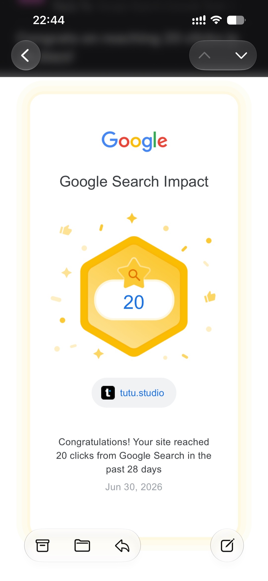 Google 发邮件来恭喜我过去 28 天，我的公司主页获得了 20 次来自搜搜