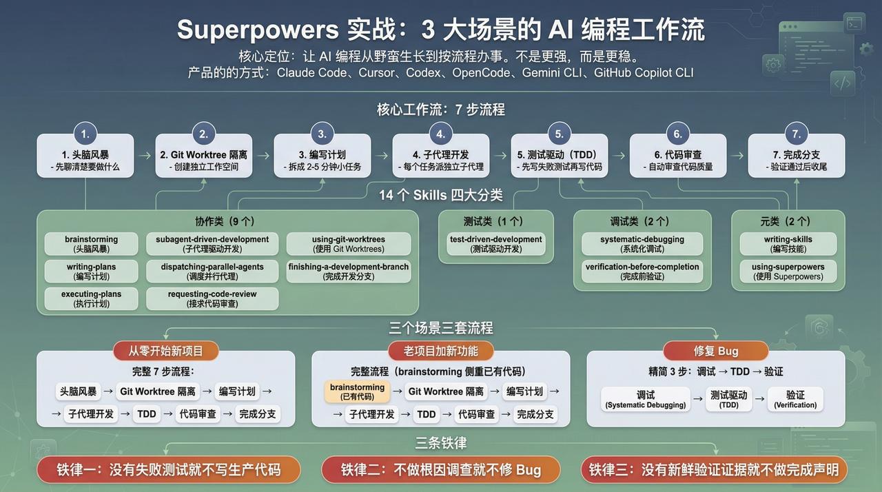 Superpowers 是一套基于 14 个 Skills、7 步工作流和 3 