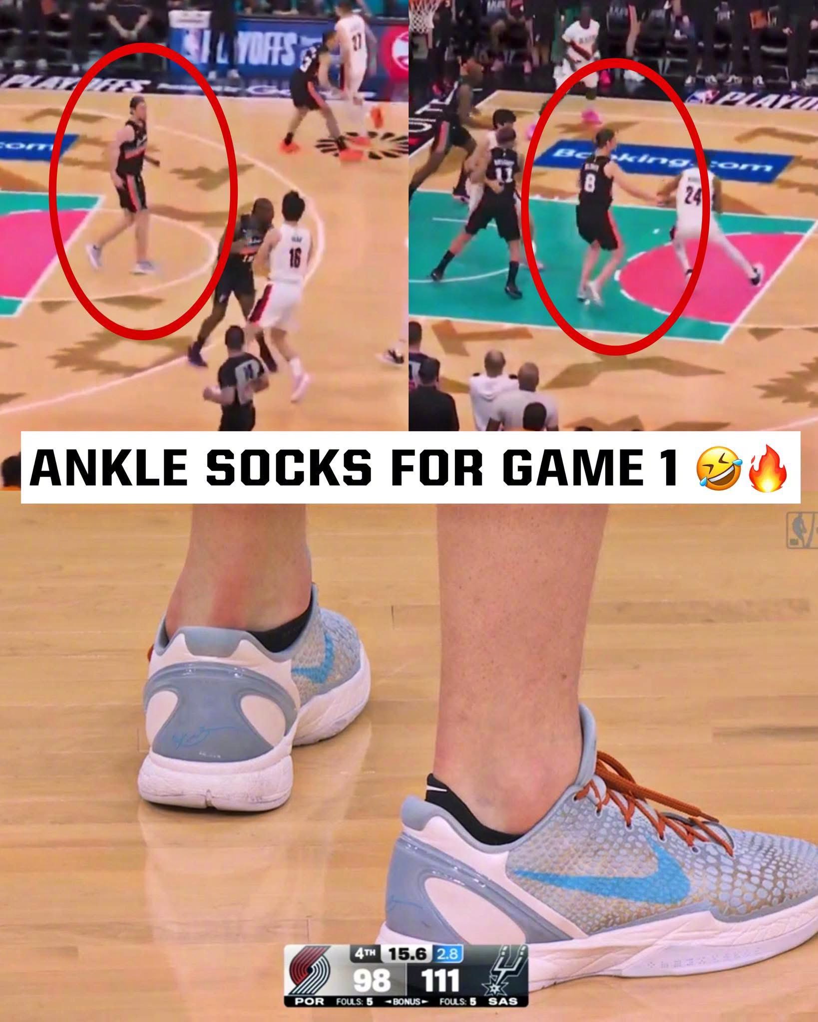 今天的奥利尼克穿着一双短袜配球鞋，这甚至都没打脚！ 