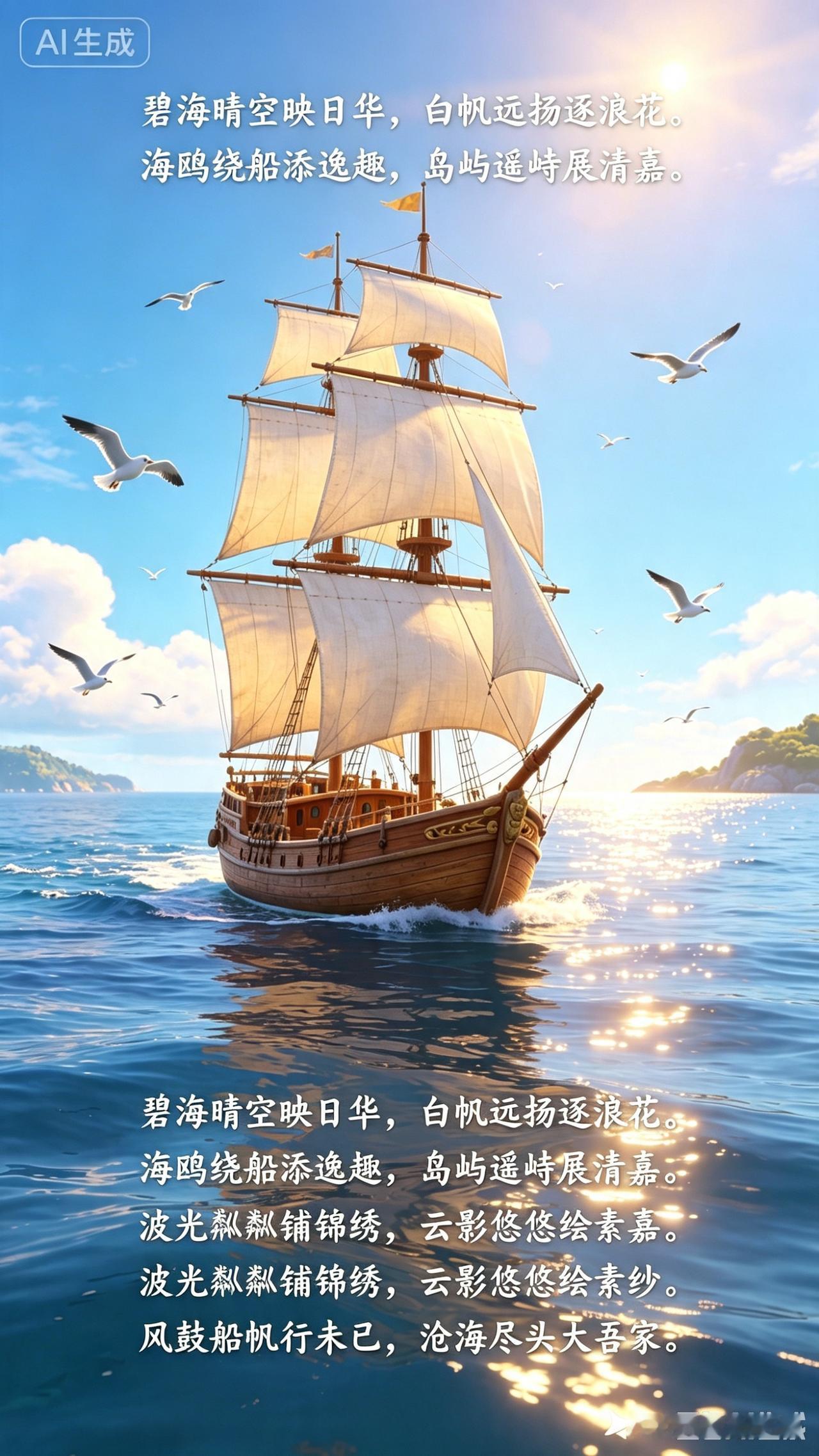 一艘帆船在海上航行，海鸥飞翔。