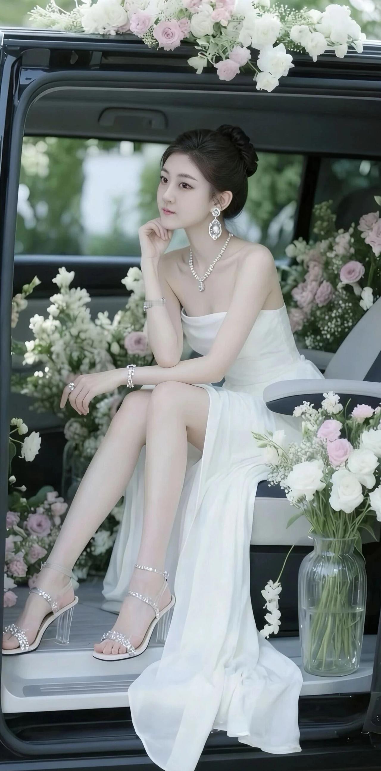 造型与气质解析
✨ 纯白抹胸高开叉长裙
这件白裙完美勾勒出她的优雅气质：
抹胸设