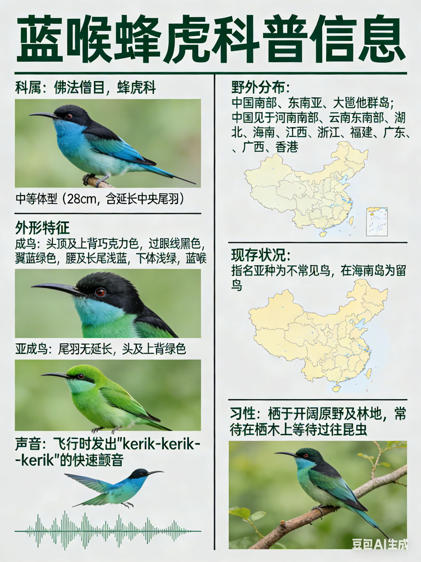 鸟类朋友图鉴 蓝喉蜂虎·科属：佛法僧目，蜂虎科。·外形特征：中等体型（28cm，