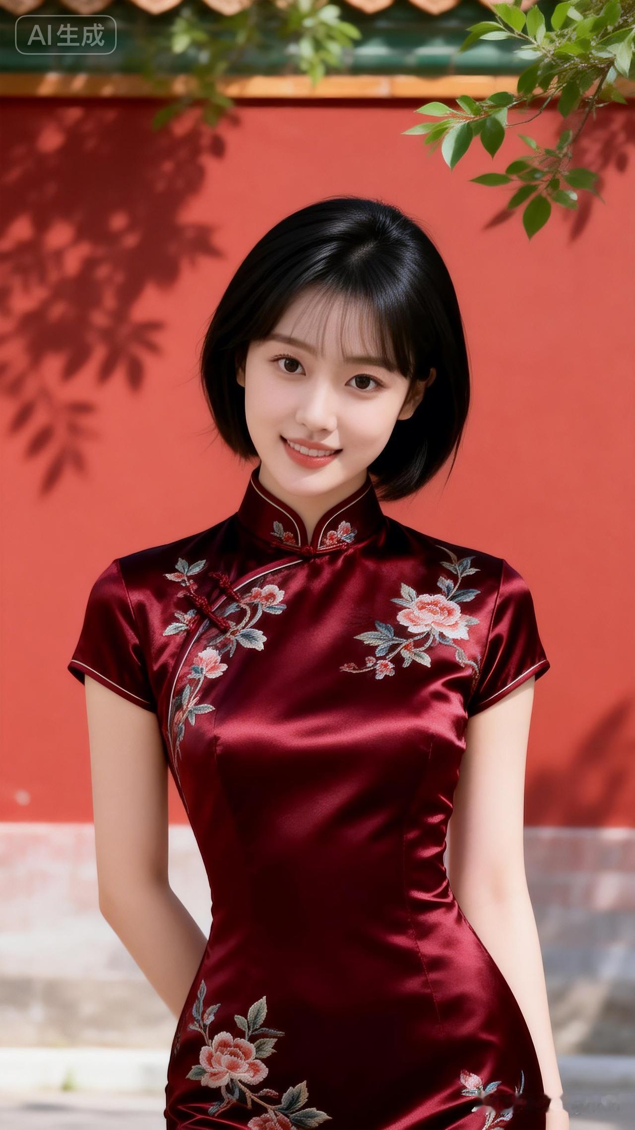 红衣少女，笑靥如花，传统与现代的完美融合。