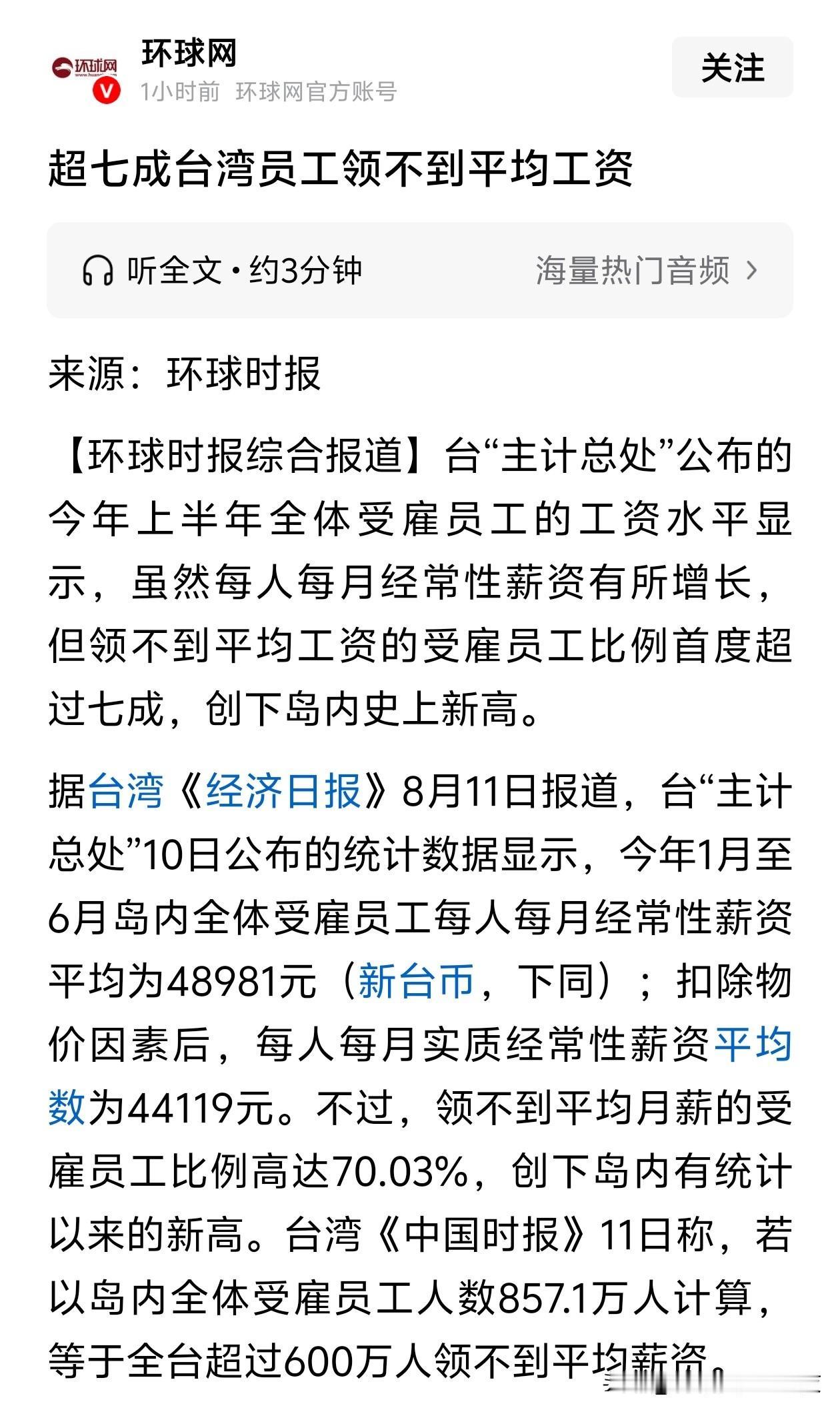 台湾省7成员工领不到平均工资

可恶，实在是太可恶了。

[发怒]