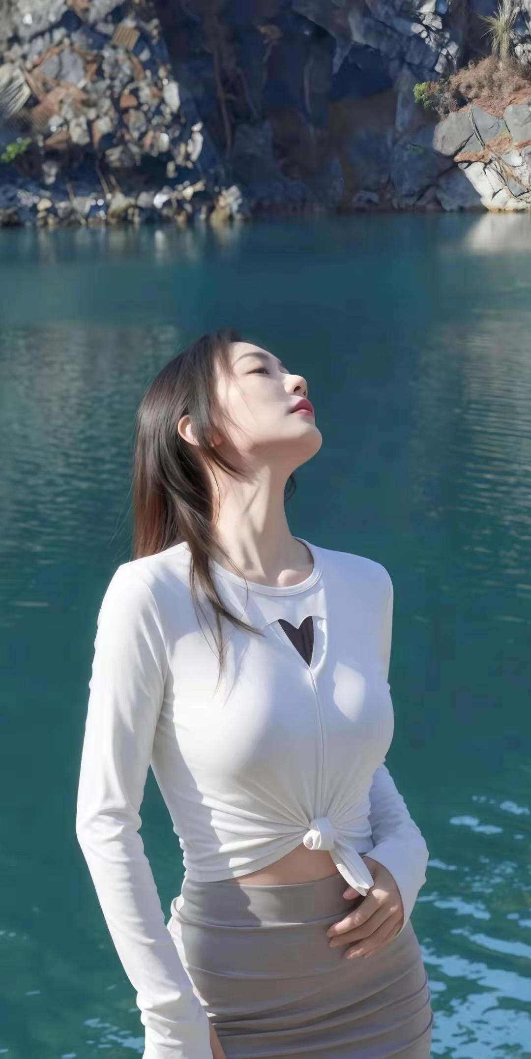 一位姑娘站在湖边，享受阳光。