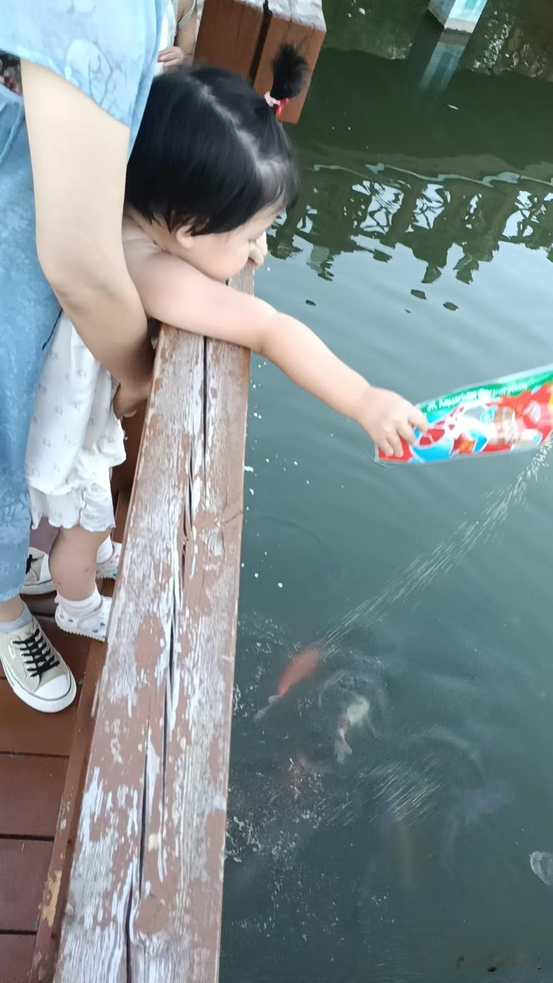 晚上，一家人吃完饭，我们领着小孙女去公园里喂鱼。

在附近的食杂店，买了鱼食。