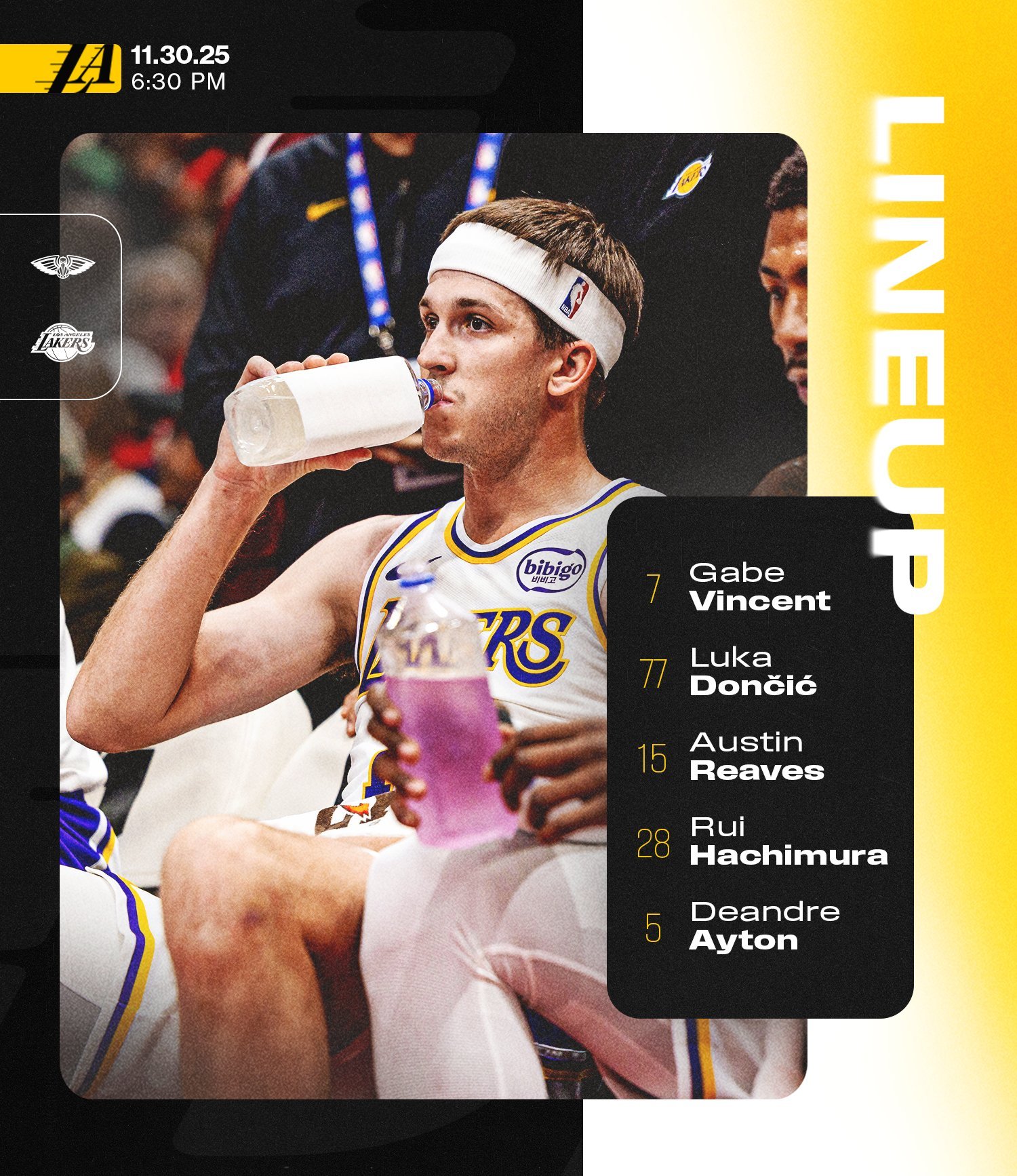 湖人首发：东契奇、里夫斯、文森特、八村塁、艾顿鹈鹕首发：费尔斯、麦戈文斯、贝、米