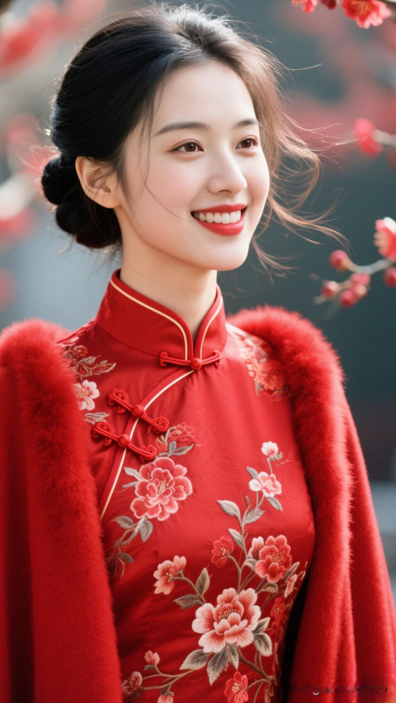 红衣美人笑，花影映春光。旗袍秀东方美人 古韵红衣女神 古典红裙佳人 旗袍古典美女