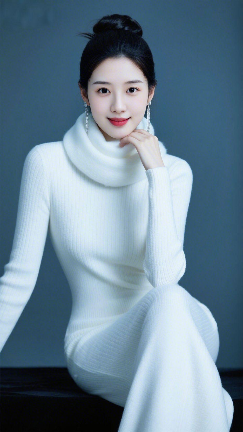 素白里的温柔
 
冷调背景间，她身上的白绒衣裹着落雪般的柔，堆领松松垂落，耳间银