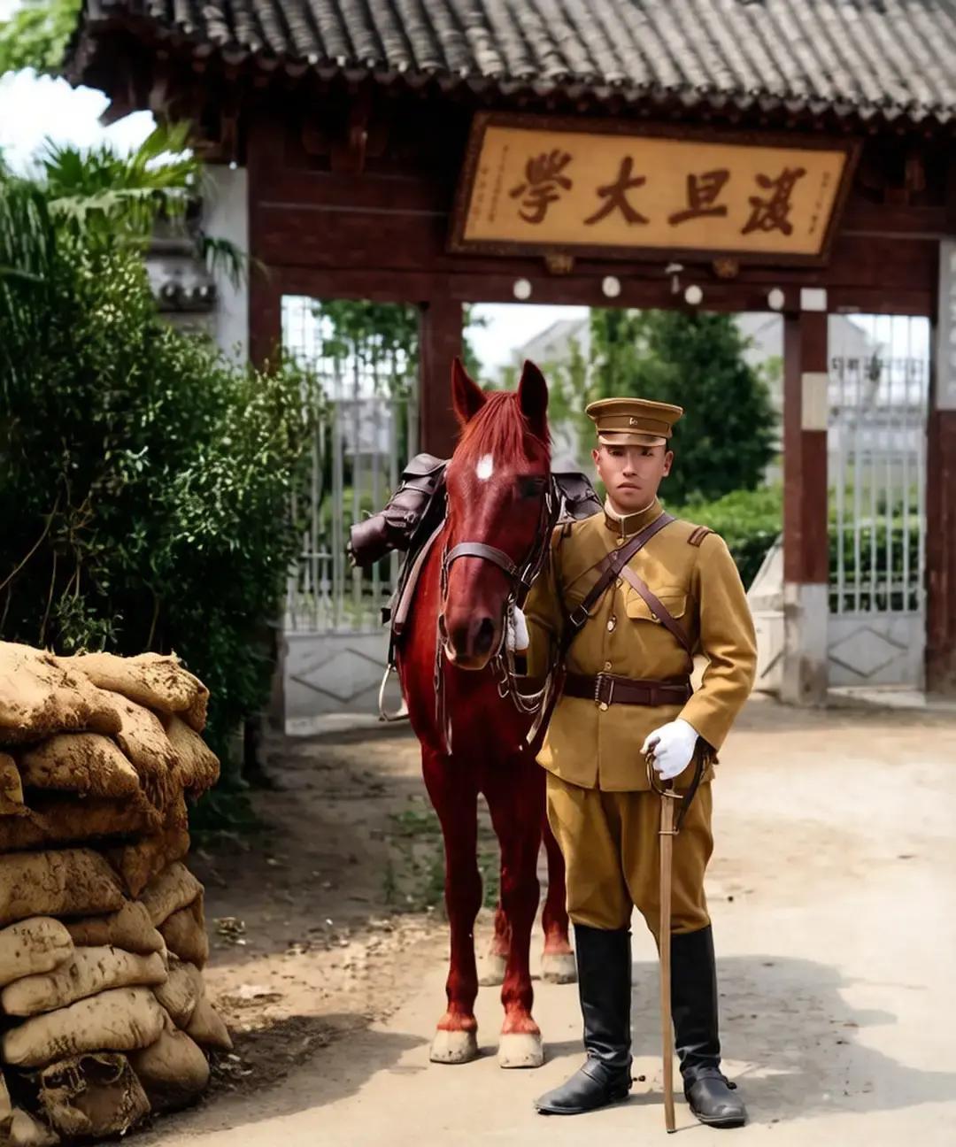 1940年日军把复旦大学江湾校区改成兵营，校门石牌坊前堆沙袋、架机枪，还把图书馆