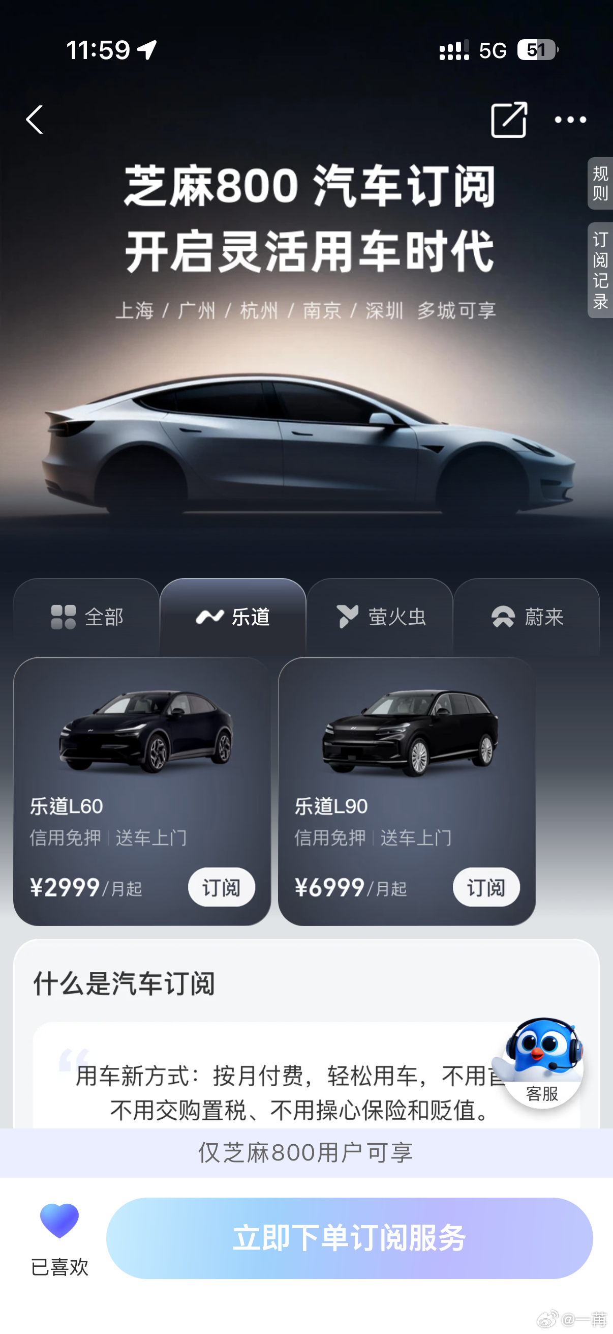 乐道和芝麻信用合作的订阅模式，月付一个很合理的金额去，就可以拥有全新的电车体验。