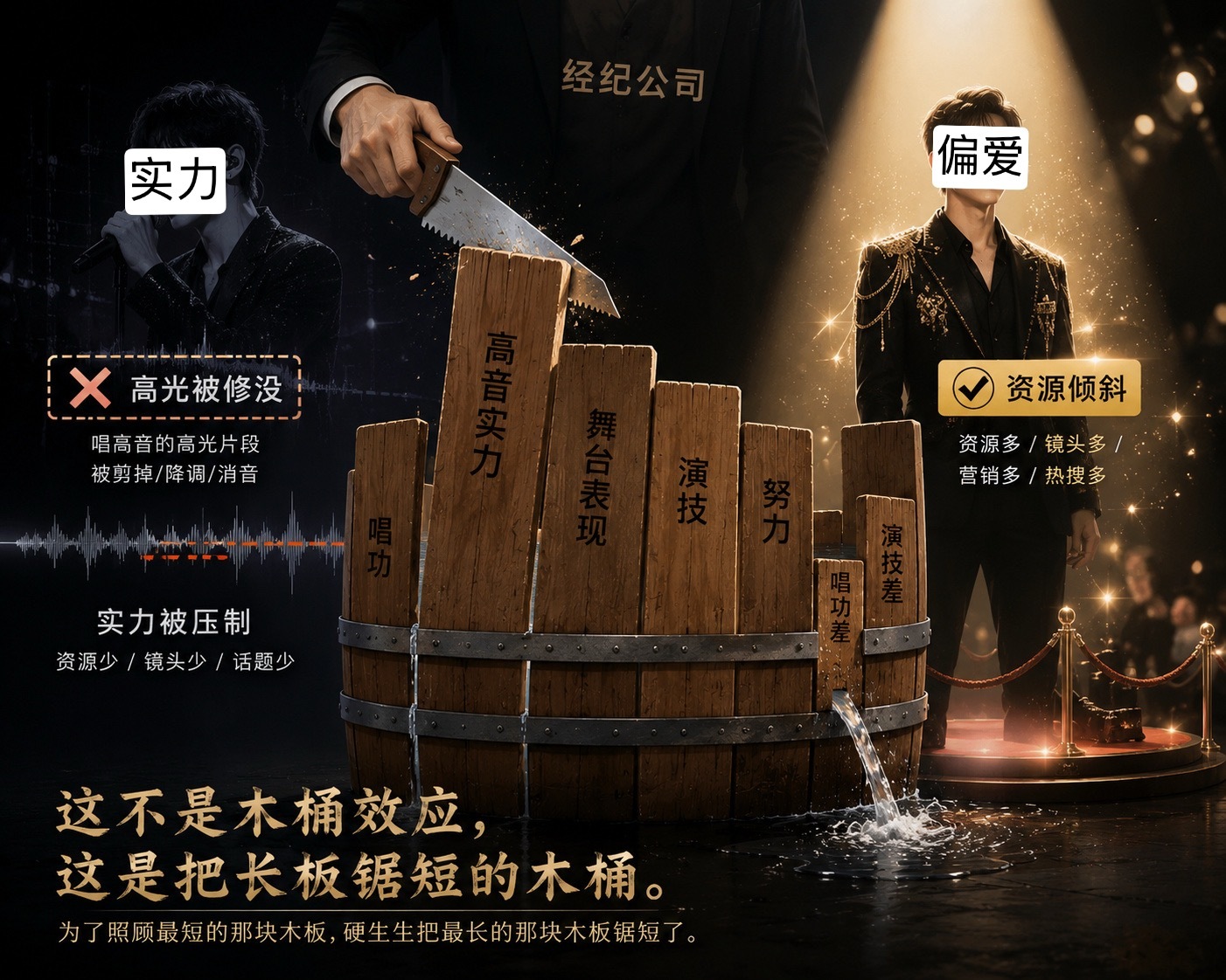 木桶效应说，短板决定下限。但有些人却选择把长板锯短，假装大家一样高。 