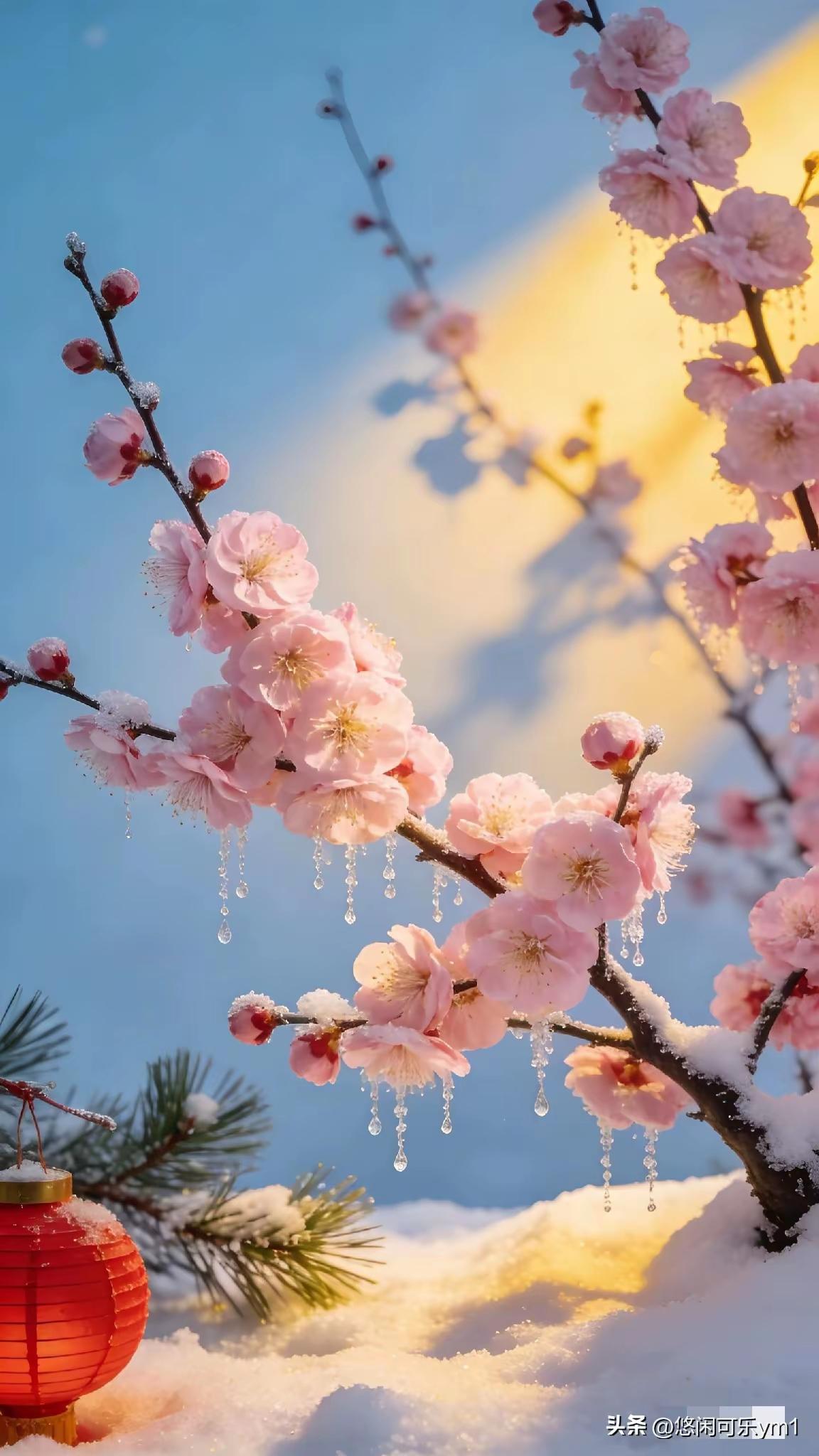 冬日暖阳下，粉嫩樱花与雪景相映成趣，红灯笼点缀其中，美不胜收。