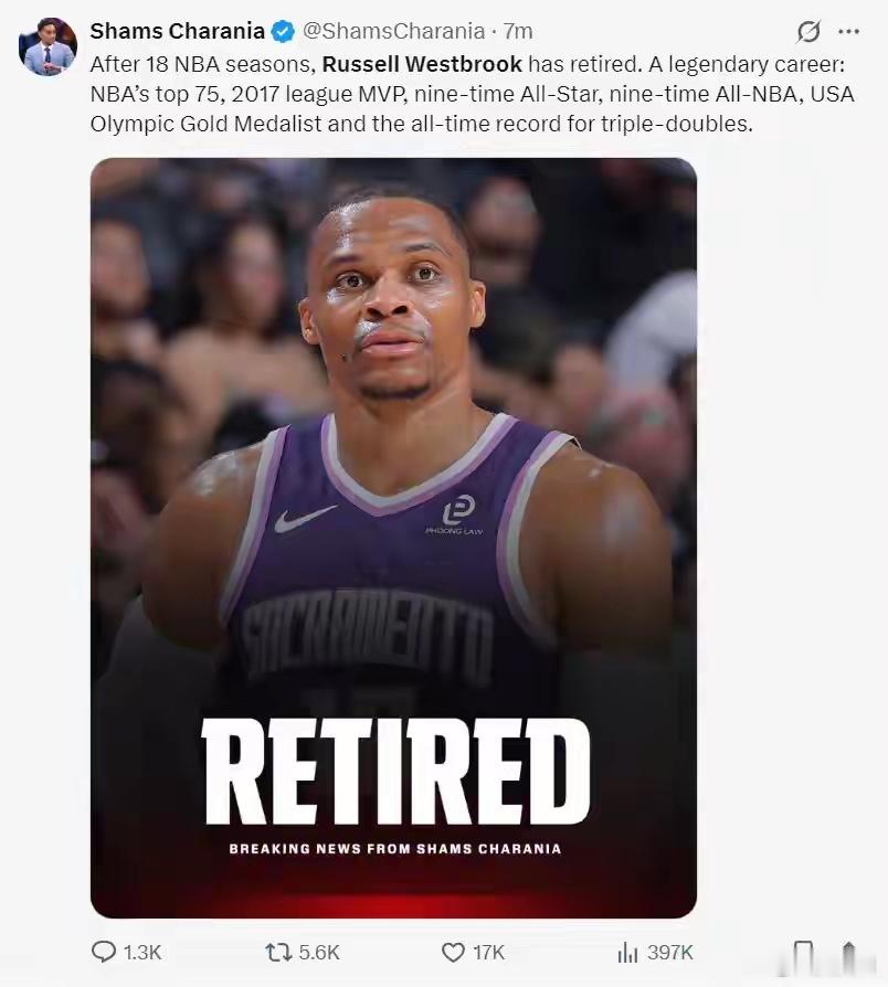 37岁的拉塞尔·威斯布鲁克正式宣布退役，为其辉煌且漫长的18年NBA生涯画上句号