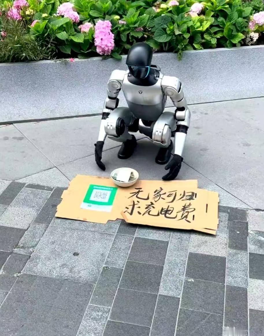 如果碰到这种机器人乞讨，大家千万不要上当，主人就在附近看着。