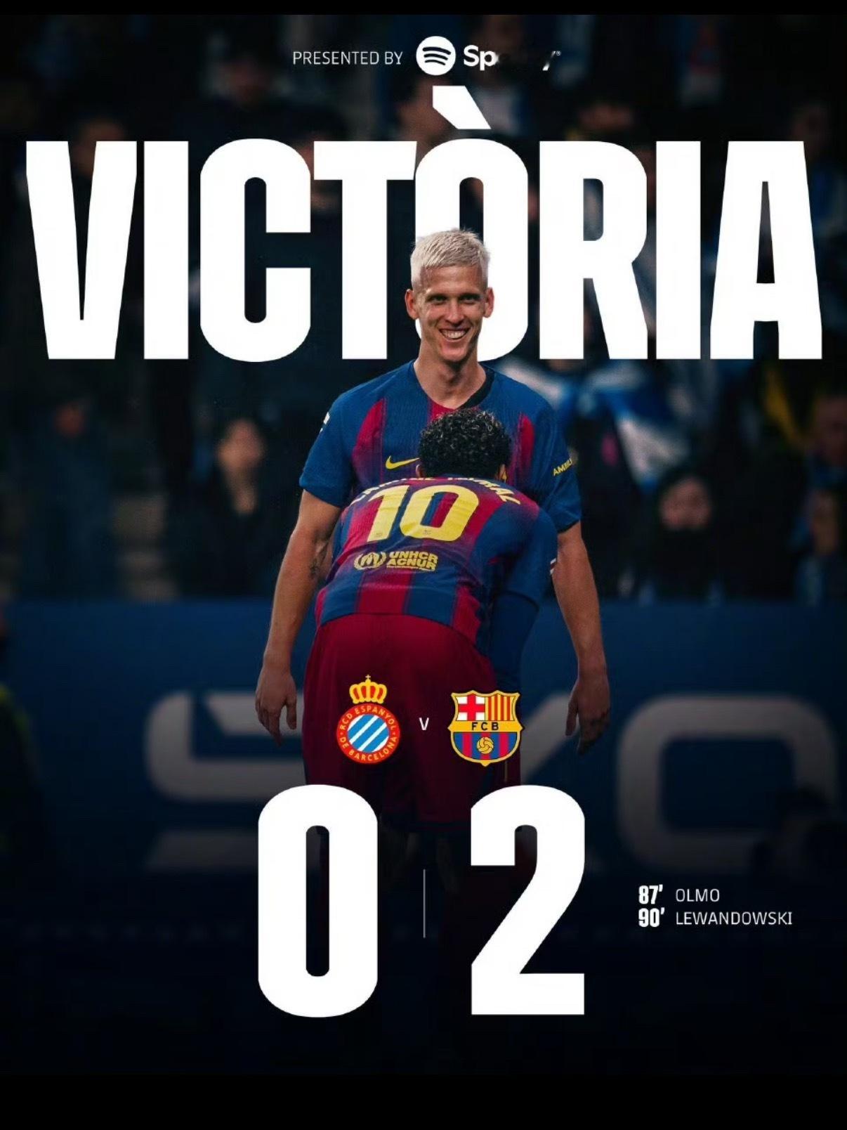 加泰德比巴萨2比0完胜，费尔明两次助攻，莱万压轴破门，豪取八连胜！