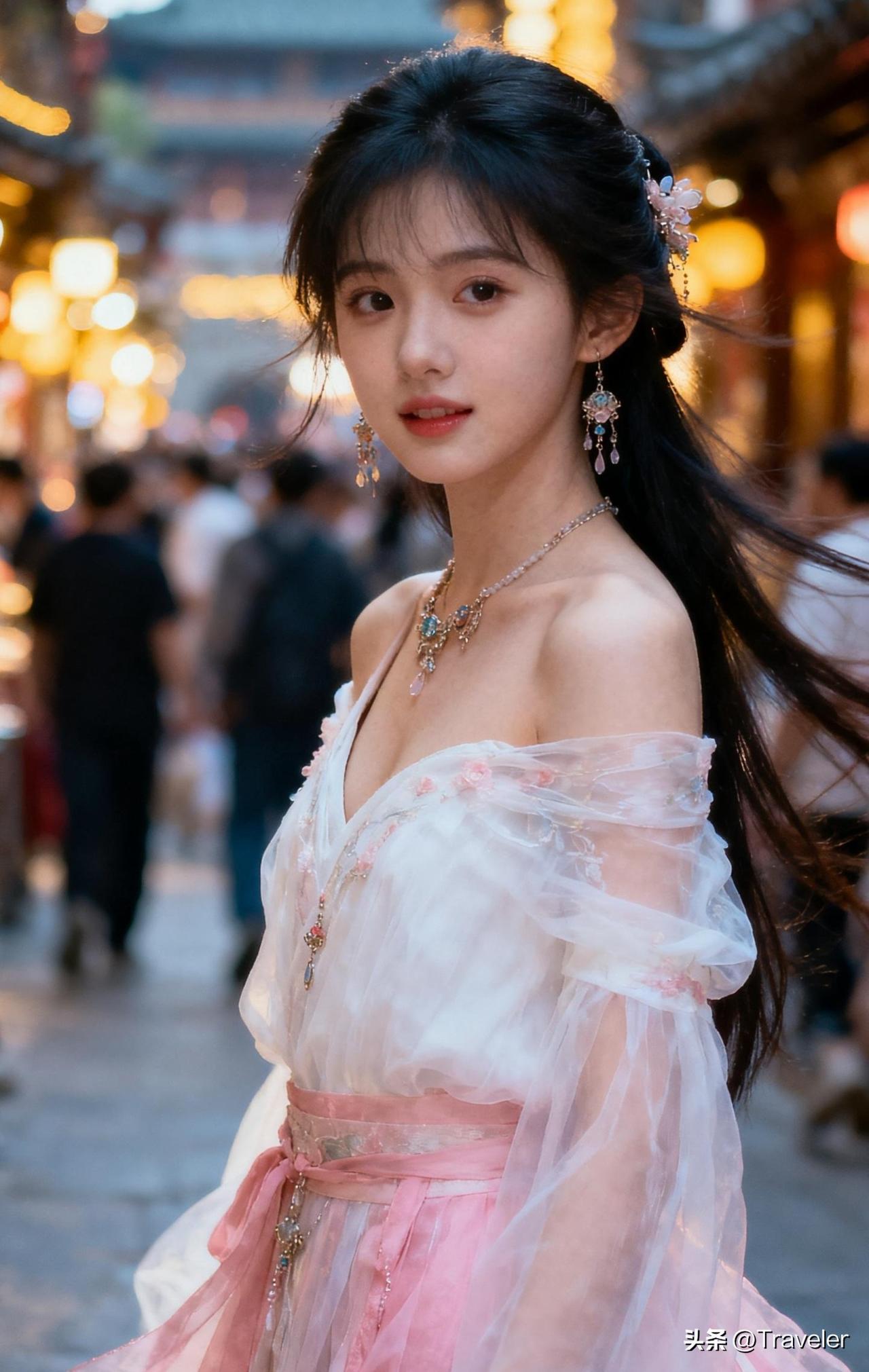 穿越时空的少女，漫步在古风街巷。