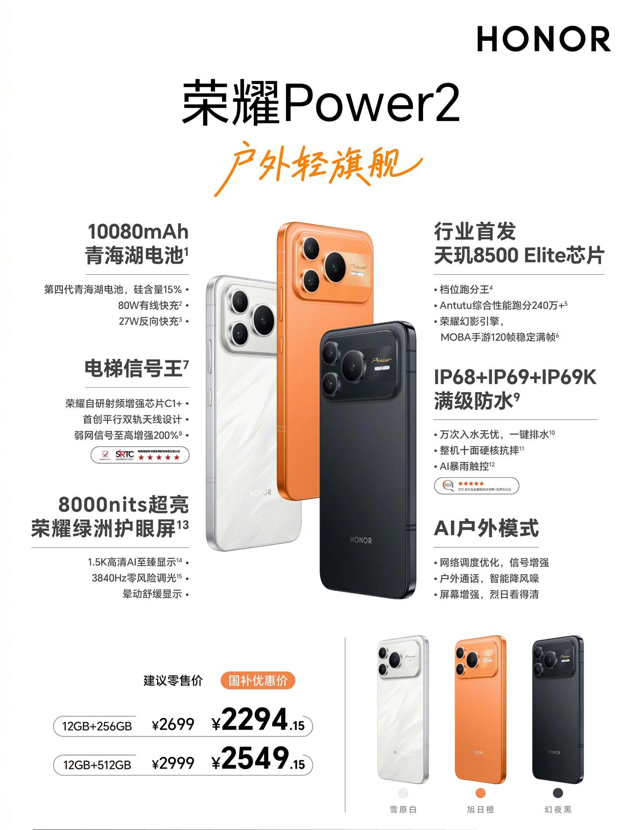 2699元起，荣耀Power2发布，搭载10080mAh电池

12+256GB