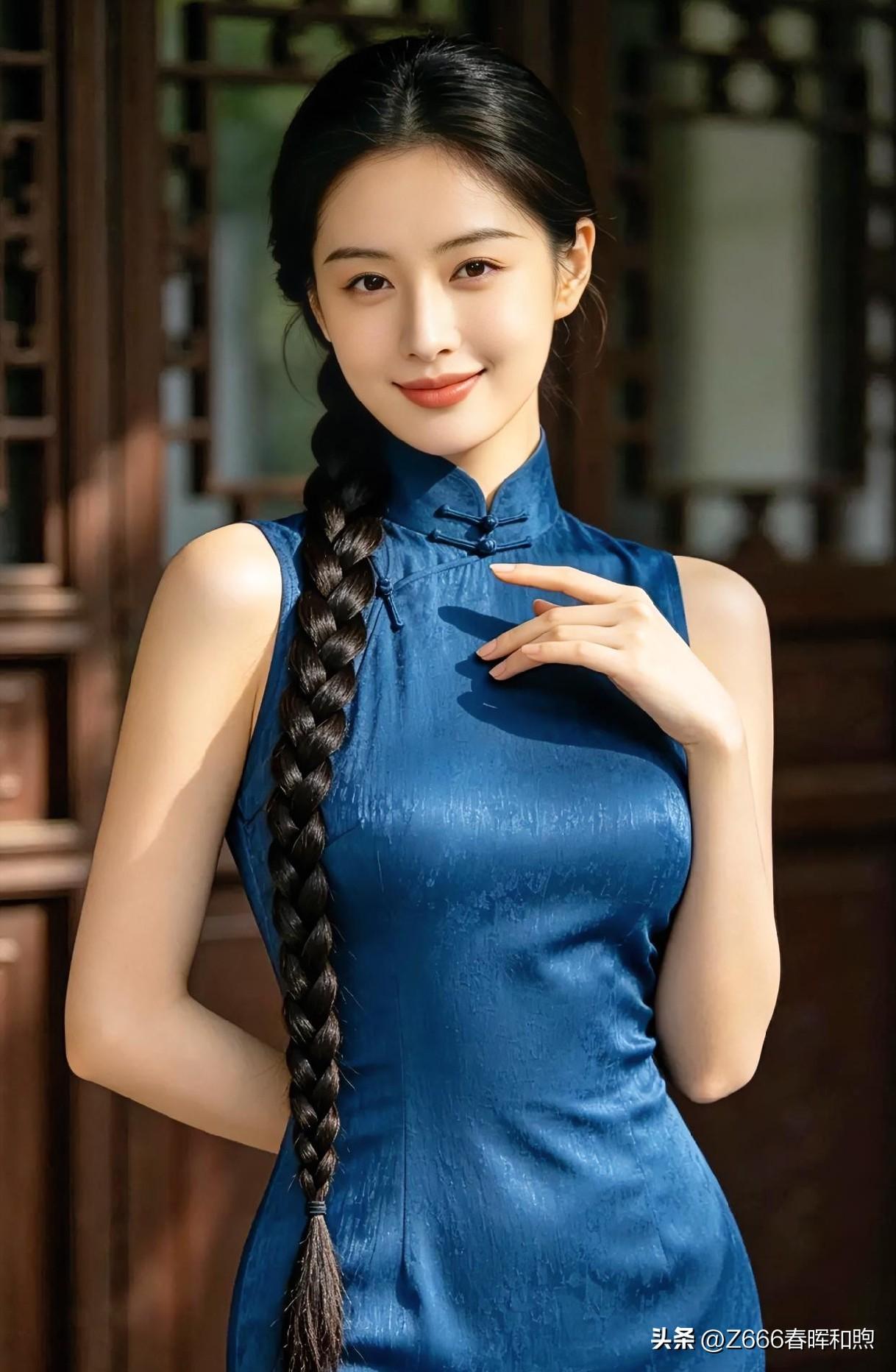 《深院旗袍》

黛窗疏影静，一袭幽蓝立。

乌辫垂香肩，浅笑温如玉。

注：疏影