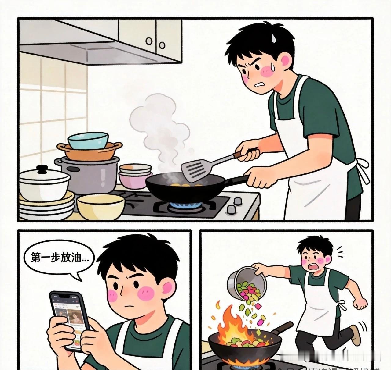 趣味漫画：老公偷偷学做饭想给老婆惊喜，端上桌一盘黑乎乎的菜，老婆尝了一口说比饭店