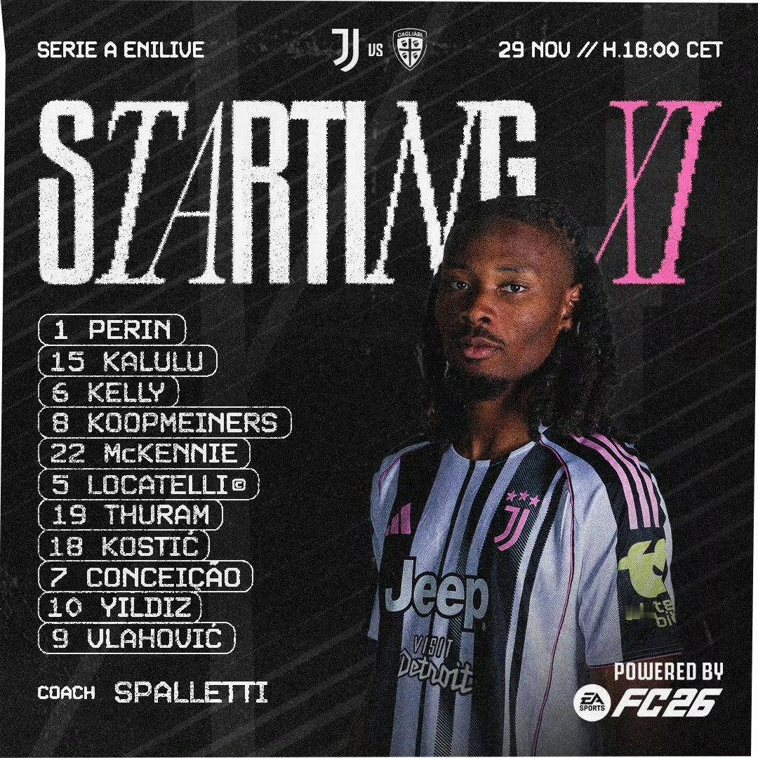 意甲第13轮尤文vs卡利亚里首发（3-4-2-1）
佩林
卡卢卢 凯利 库普
麦