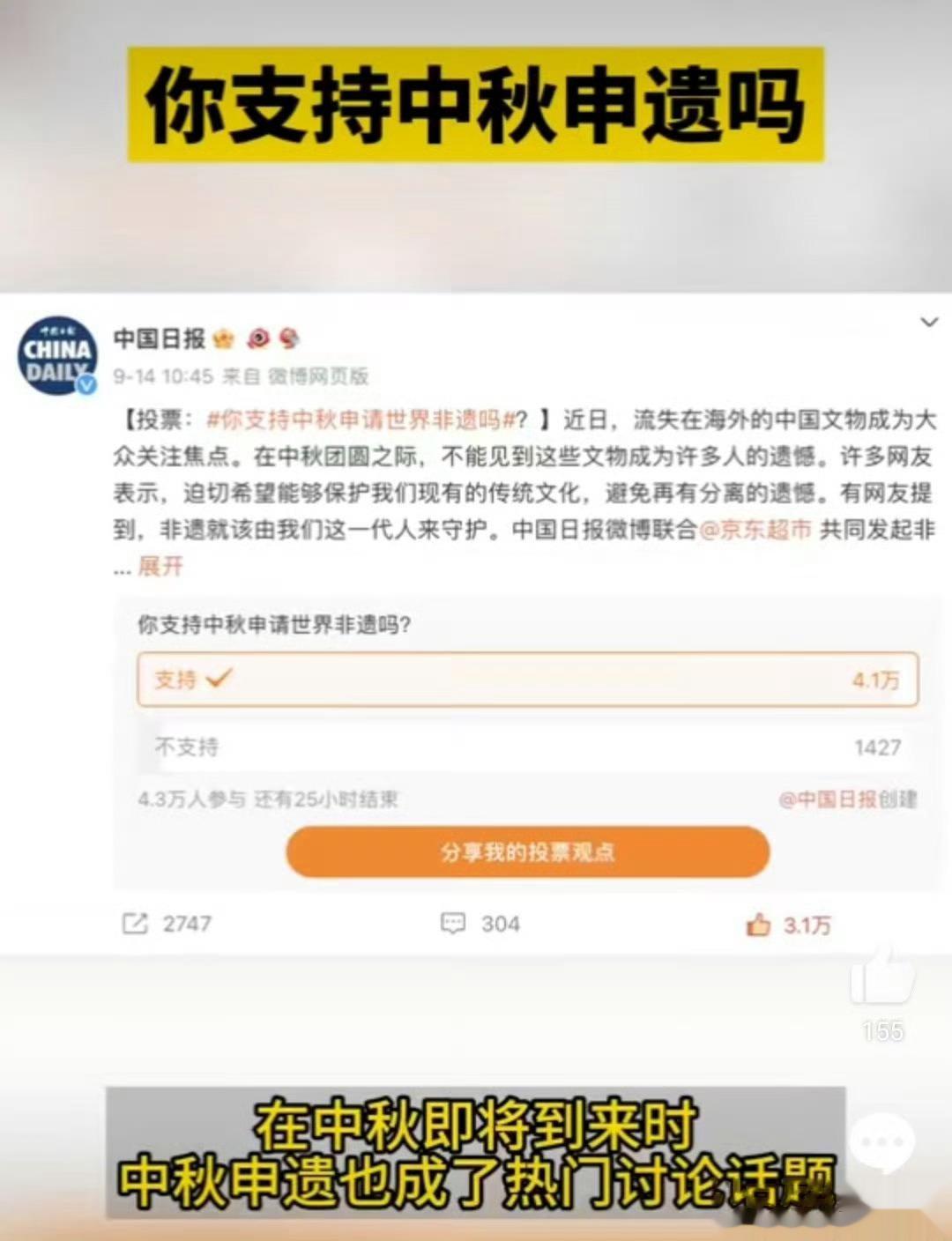 #超九成网友支持中秋申请世界非遗#保护和传承中秋文化，是我们义不容辞的责任！让中