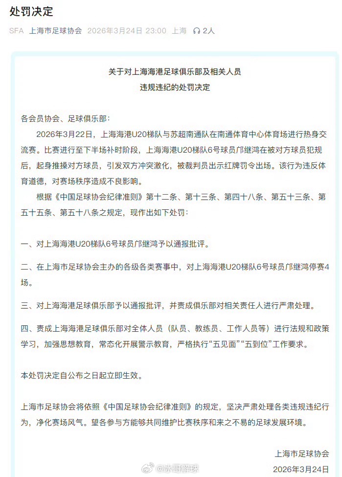 上海足协发布处罚决定3月24日深夜，上海足协官宣处罚：海港U20邝继鸿热身赛推搡