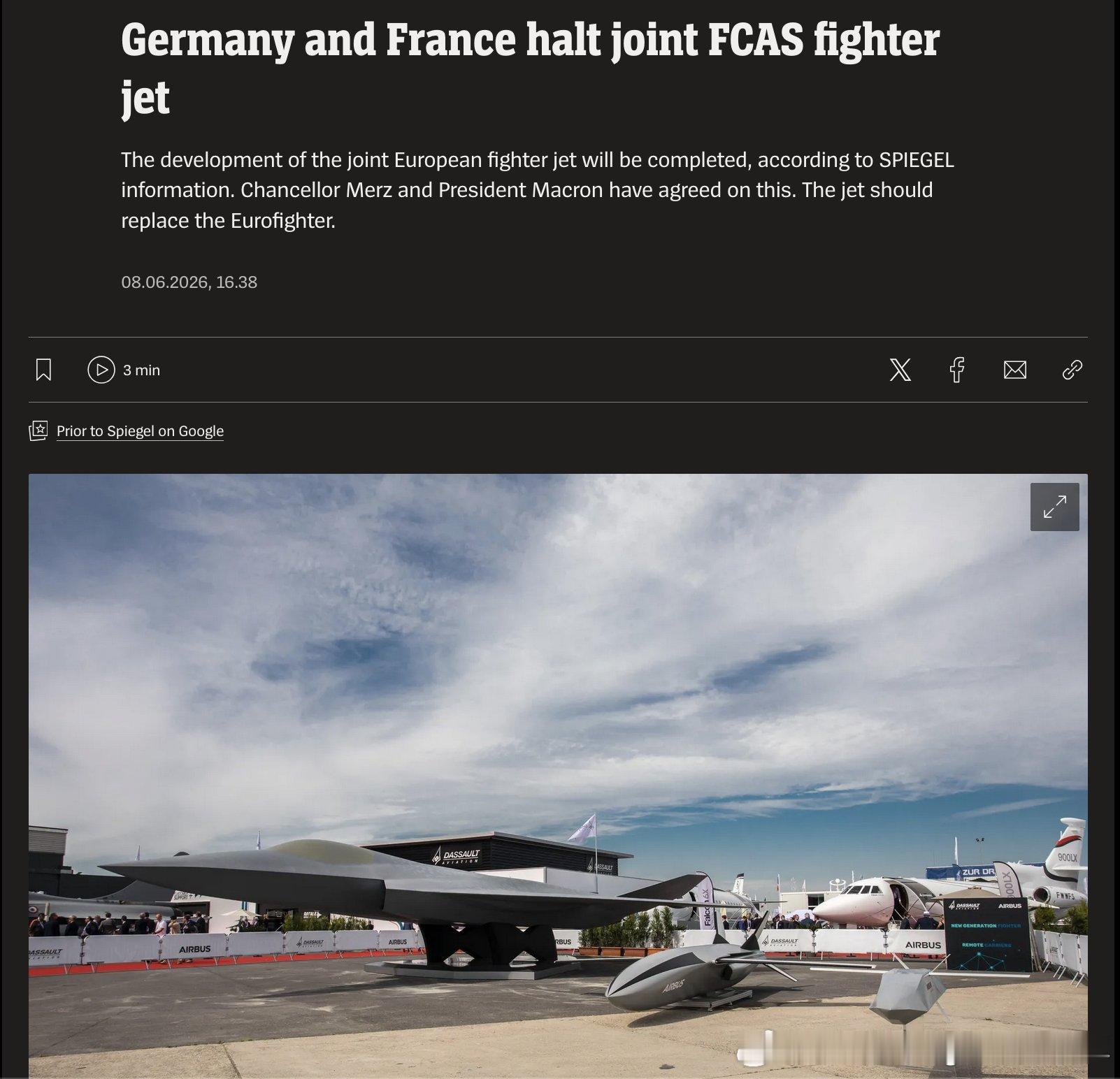 烽火问鼎计划 法德联合研制的FCAS六代机基本上完蛋了，此前达索与空客未能就工作