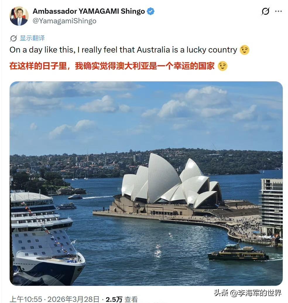 日本前驻澳大使山上信吾发帖称澳大利亚是个“幸运”的国家。

评论区指出日本在19