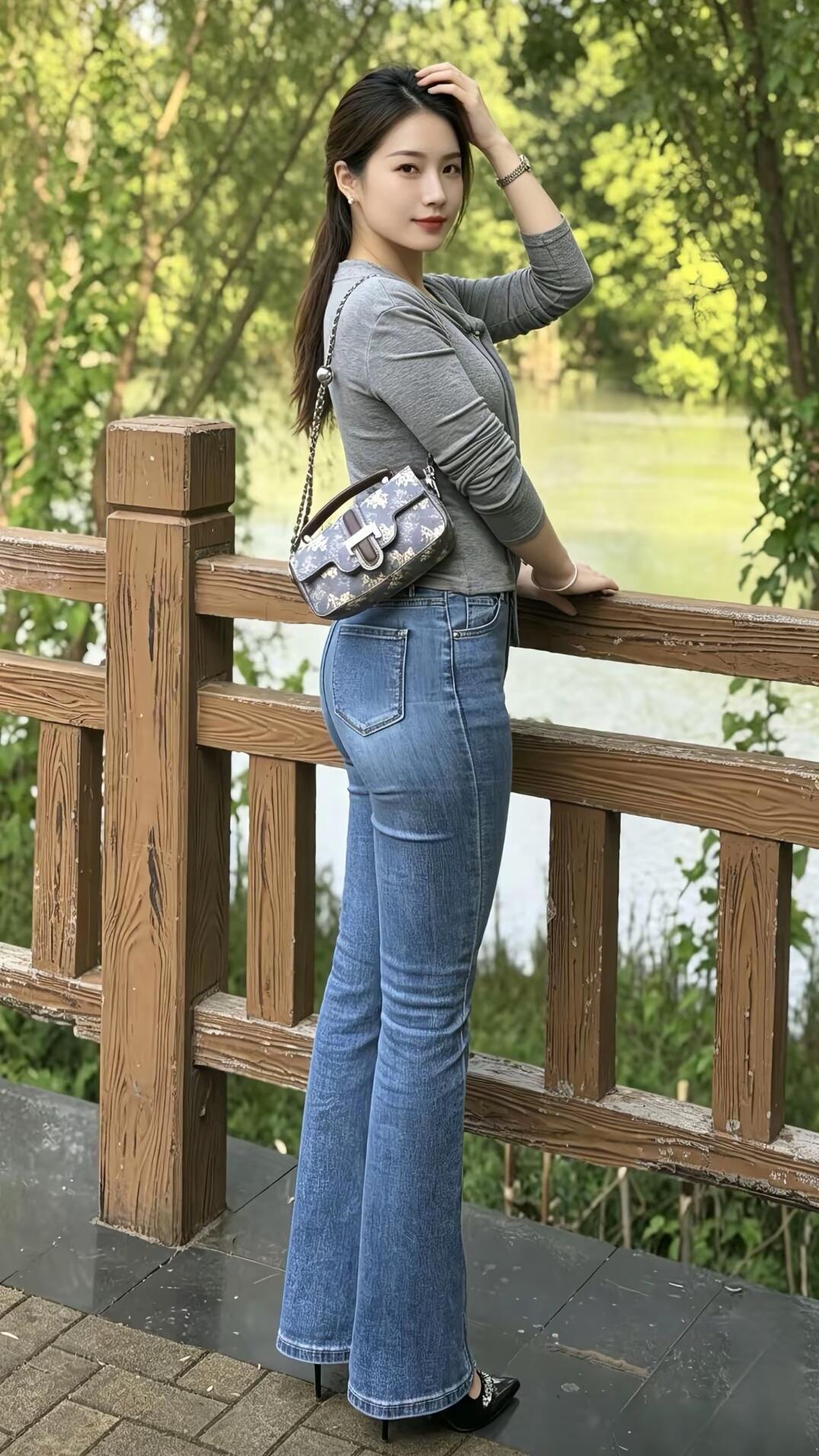 夏日清新穿搭，牛仔阔腿裤搭配灰色毛衣，背上海边漫步的轻松感！🌊👗👠
